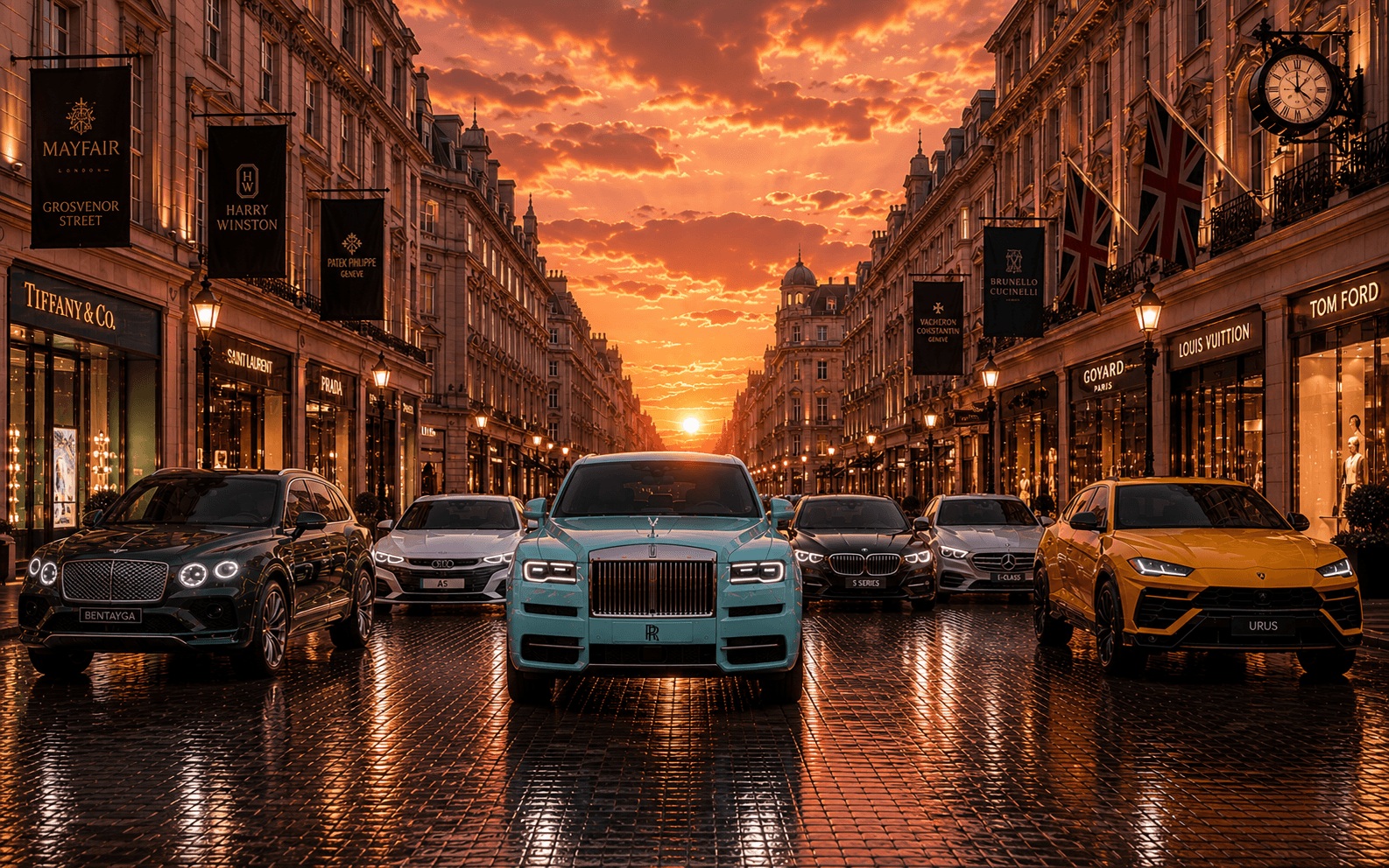 Luxury cars lined up at sunset on a Mayfair street with designer storefronts