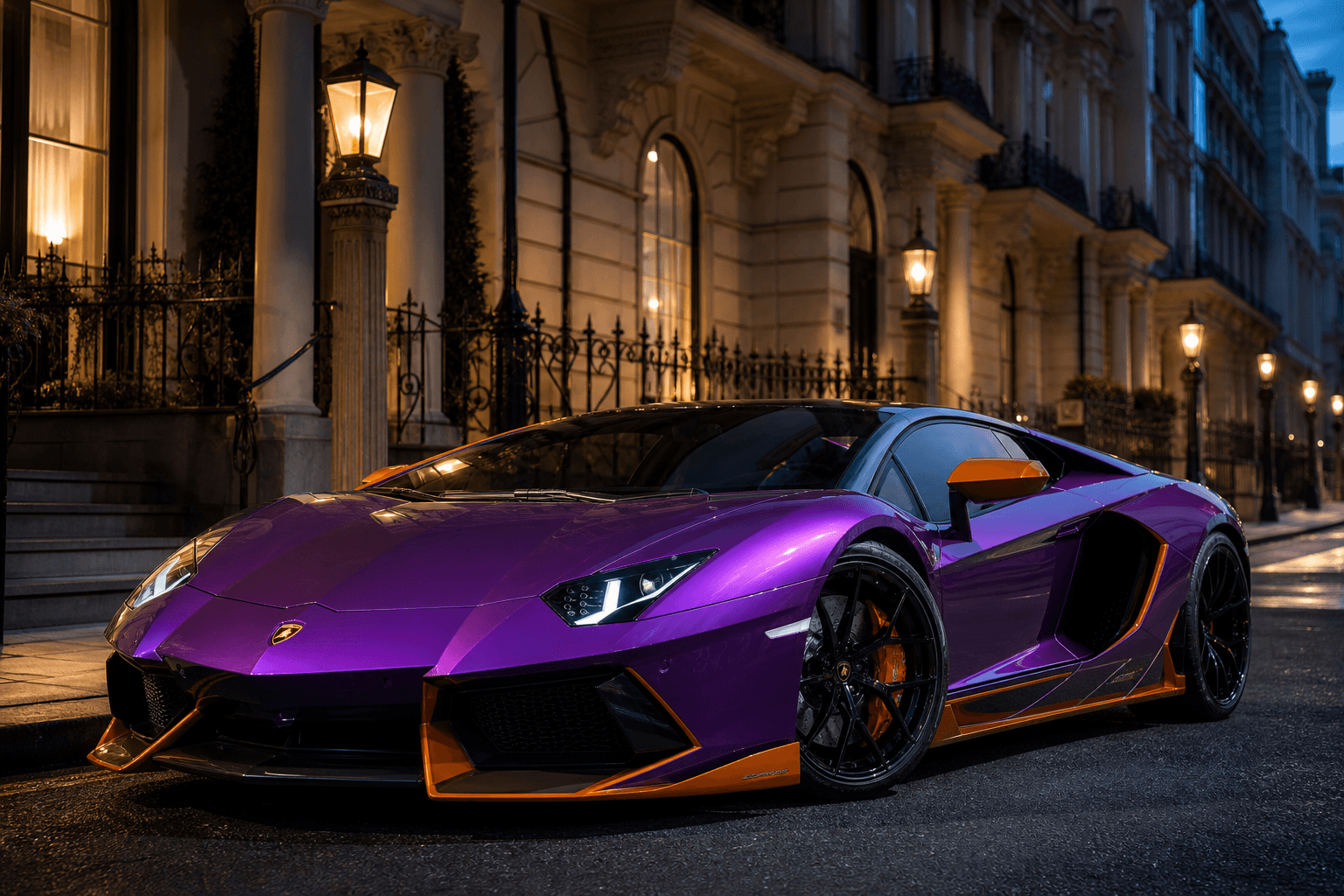 Lamborghini supercar outside a London townhouse at twilight