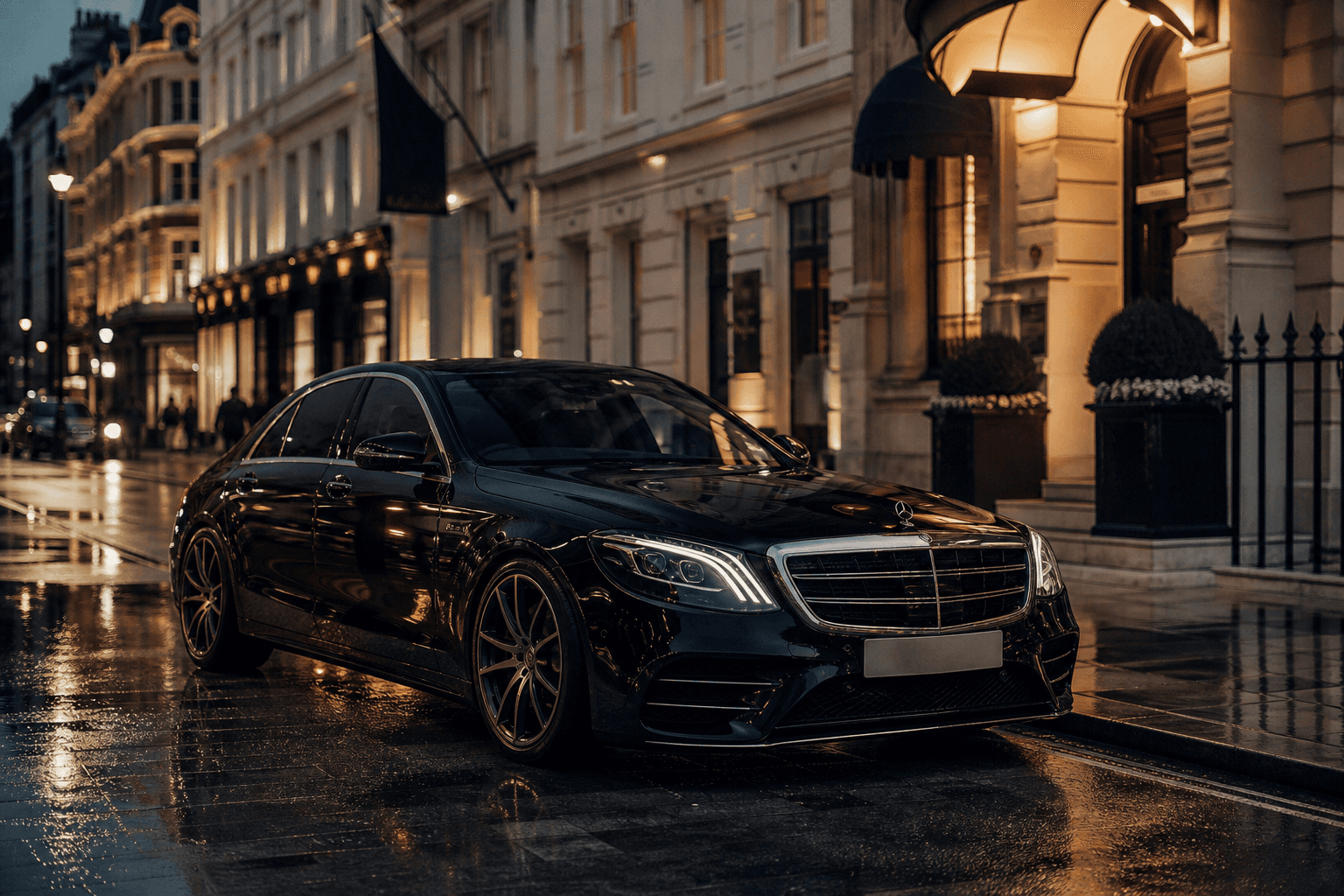 Mercedes luxury saloon on a London street at dusk